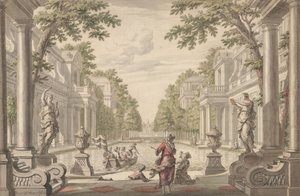 Widok na ogród pałacowy z centralnym stawem otoczonym klasycystyczną architekturą..., ca. 1700-1720.