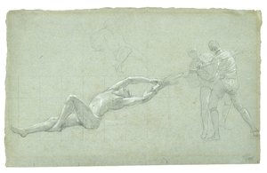 Study for The Siege of Gibraltar (studium uratowanej postaci i dwóch postaci ciągnących wiosło), 1785-1786 (czarno-biała kreda na szaro-zielonym papierze) autorstwa Daniel Mytens