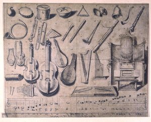 Różne instrumenty muzyczne: perkusja, instrumenty smyczkowe i dęte, organy, XX w. (kolorowa rycina)