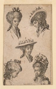 Pięć nakryć głowy, noszone przez kobiety z Berlina, ilustracja do „Königl: Grosbrit [anian] kalendarz genealogiczny na rok 1783 Lauenberg autorstwa J.G. Berenberga” autorstwa Daniel Nikolaus Chodowiecki
