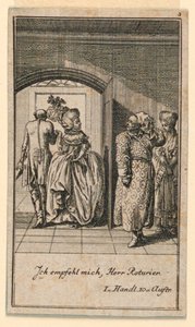Para w podeszłym wieku wyniośle kończąca wizytę, ilustracja do sztuki „Nie więcej niż sachs Schuesseln” Fredricha Wilhelma Grossmana w „Königl: Grosbrit [nische] kalendarz genealogiczny na 1782 rok Lauenberg autorstwa J.G. Berenberga” autorstwa Daniel Nikolaus Chodowiecki