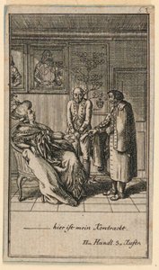 Starsza kobieta zatrudnia mężczyznę, ilustracja do sztuki „Nie więcej niż sachs Schuesseln” Fredricha Wilhelma Grossmana w „Königl: Grosbrit [anian] kalendarz genealogiczny na rok 1782 Lauenberg autorstwa J.G. Berenberga” autorstwa Daniel Nikolaus Chodowiecki