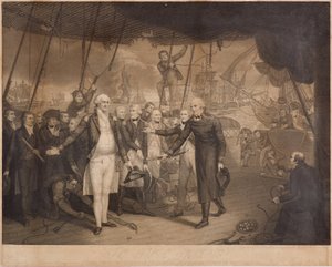 Zwycięstwo Lorda Wicehrabiego Duncana i rezygnacja admirała De Wintera na pokładzie Czcigodnego, październik 1797 (Grawerowanie kropkowane)