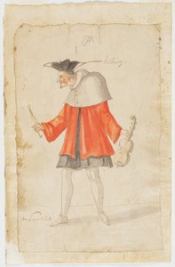 Muzyk z Ballet du Serieux et du Grotesque, 1627 (brązowy tusz i toaleta na papierze czerpanym)