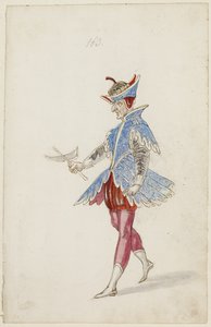 Męska postać w niebiesko-czerwonym stroju z Ballet des quatre saisons de lAnnee, 1626 (brązowy tusz, toaleta i metaliczna farba na podkładzie czarnej kredy na papierze)