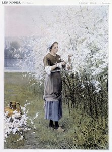 Wiosna: Kobieta zbierająca kwiaty - chora. przez R. Knighta, c. 1905 autorstwa Daniel Ridgway Knight