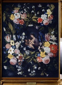 Wianek z kwiatów z Madonną z Dzieciątkiem (Wianek kwiatowy z Madonną z Dzieciątkiem). Obraz Daniela Seghersa (1590-1661). Olej na płótnie, 82 x 64 cm. Sztuka flamandzka, sztuka barokowa. Państwowe Muzeum Sztuki, Tula (lub Tolan).