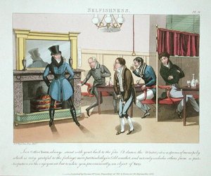 Samolubstwo, tablica 9 z „Niezbędne kwalifikacje człowieka mody”, wydana w 1823 r. (akwatinta ręcznie kolorowana) autorstwa Daniel Thomas Egerton