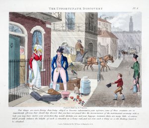 The Unfortunate Discovery, ilustracja z „Fashionable Bores or Coolers in High Life” Petera Quiza, wyd. Thomas McLean, Londyn 1824 (ręcznie barwiony grawerunek) autorstwa Daniel Thomas Egerton