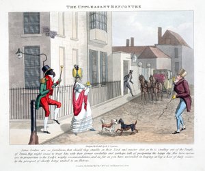 The Unpleasant Rencontre, ilustracja z „Fashionable Bores or Coolers in High Life” Petera Quiza, wyd. Thomas McLean, Londyn 1824 (ręcznie barwiony grawerunek)
