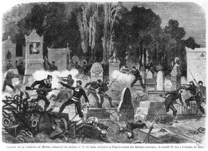 Agonia Komuny, ostatnie walki na Cmentarzu Pere Lachaise, ryt Louis Joseph Amedee Daudenarde (zm.1907) ilustracja z „Le Monde illustre”, 27 maja 1871
