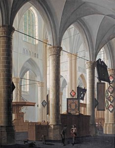 Wnętrze Grote Kerk w Dordrecht, z rozmawiającymi postaciami i bawiącymi się dziećmi