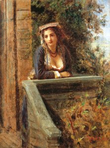 Młoda dziewczyna przy oknie lub młoda kobieta na balkonie, Daniele Ranzoni (1843-1889), olej na papierze oprawiony na drewnie, 44x33 cm