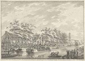 Przybycie Amsterdamczyków do Utrechtu, 1787 Widok Przybycia Obywateli Amsterdamu W Utregt W De Rooy Brug. Po Den Dom do zobaczenia. 1787. (tytuł na obiekcie)