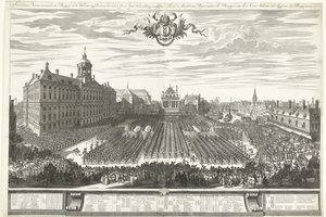 Uzbrojeni bandyci na placu Dam podczas targów w Amsterdamie, 1686 Targi Amsterdamskie przedstawiające Burgery in the Weapons, sig Przedstawienie aaen de Groot Agtb: Heeren Burgermeesteren (tytuł na obiekcie) Foire d