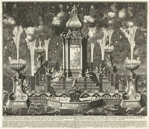 Fajerwerki na obchodach traktatu w Utrechcie, 1713 Wizerunek teatru z synonimami i sztucznymi fajerwerkami, wzniesiony przez ordere van Haar Ed. Groot Mog: Heeren Staten van Holland i West Vriesland (...) w Hadze, w vyver ( autorstwa Daniël Stopendaal