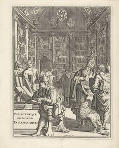 Wnętrze Biblioteki z duchowieństwem Strona tytułowa dla: Bibliotheque des Authors Ecclesiastiques, bez roku autorstwa Daniël met de Penningen