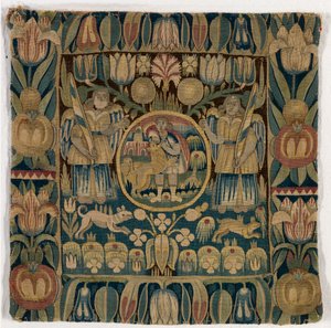 Gobelinowa poszewka na poduszkę przedstawiającą Samsona zabijającego lwa, wykonana w Szlezwiku-Holsztynie w Danii, ok. 1615 r. (wełna) autorstwa Danish School