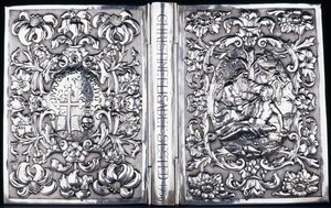 Górna i dolna okładka książki z listowiem i wizerunkiem Miłosiernego Samarytanina, 1740 autorstwa Danish School