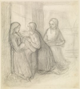 (Prawdopodobnie) klęcząca św. Elżbieta Węgierska z towarzyszkami Isentrudis i Gutą autorstwa Dante Gabriel Charles Rossetti