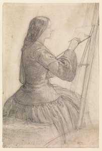 Elizabeth Siddal siedząca przy sztalugach, obraz, 1854-55 ok autorstwa Dante Gabriel Charles Rossetti