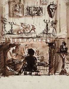 Lizzie Siddal i Woolner w wyimaginowanym pokoju (pióro, tusz i pranie)