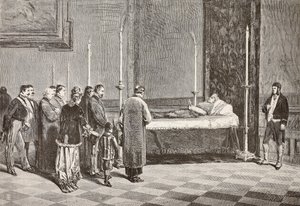 Ciało kardynała Giacomo Antonelliego leżące w stanie w jednym z pomieszczeń Watykanu, rycina z rysunku Dantego Paolocciego z L