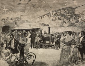 Zabawa karnawałowa w Międzynarodowym Klubie Artystycznym (Circolo Artistico) w Rzymie, Włochy, rycina według rysunku Dantego Paolocciego, z L