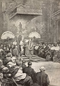 Konsystorz 13 listopada, papież Leon XIII, gdzie mianował nowych kardynałów, Watykan, rycina na podstawie rysunku Dantego Paolocciego, z L