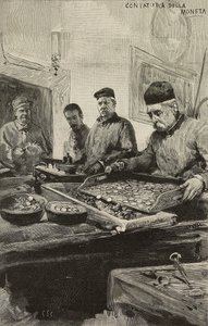 Liczenie monet w mennicy rzymskiej, Włochy, rycina według rysunku Dantego Paolocciego, z L