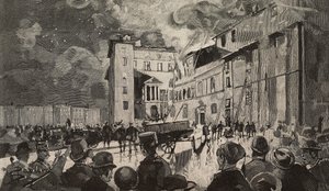Pożar szkół izraelskich z 1893 r., Rzym, Włochy, rycina według rysunku Dantego Paolocciego, z L