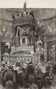 Włoscy politycy i oficerowie uczestniczący w ceremonii pogrzebowej Wiktora Emanuela II (1820-1878), króla Włoch, Rzym, Włochy, rycina z rysunku Dantego Paolocciego, z L