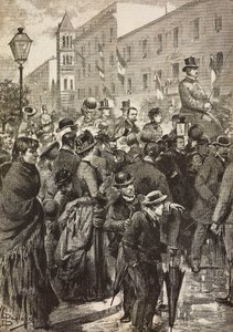 Król Umberto I i królowa Małgorzata wracają z wizyty w Neapolu dotkniętym cholerą, Rzym, Włochy, rycina na podstawie rysunku Dantego Paolocciego, z L