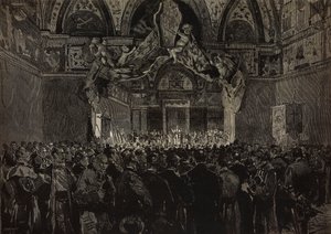 Leon XIII przyjmujący francuskich pielgrzymów w Sali Książęcej, Jubileusz Papieski, Watykan, rycina na podstawie rysunku Dantego Paolocciego, z L