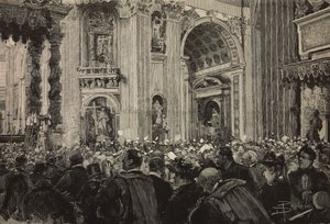 Błogosławieństwo papieskie z okazji Jubileuszu Biskupiego Leona XIII, Bazylika św. Piotra, Watykan, rycina według rysunku Dantego Paolocciego, z L