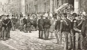 Politycy i oficerowie uczestniczący w procesji pogrzebowej Luigiego Mezzacapo (1814-1885), włoskiego polityka i oficera, Rzym, Włochy, rycina z rysunku Dantego Paolocciego, z L