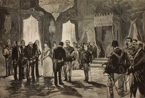 Książę Neapolu, Alfonso Maria Giuseppe Alberto z Bourbon-Two Sicilies w mundurze podporucznika, na przyjęciu noworocznym w Kwirynale we Włoszech, rycina na podstawie rysunku Dantego Paolocciego, z L