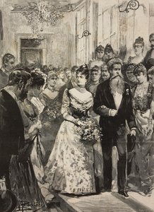 Królowa Margherita Sabaudii na przyjęciu Klubu Artystycznego (Circolo Artistico) w Rzymie w towarzystwie rzeźbiarza Giulio Monteverde, Włochy, rycina według rysunku Dantego Paolocciego, z L