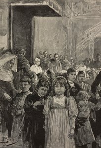 Przyjęcie dzieci na uroczystościach jubileuszowych Papieża Leona XIII, Watykan, rycina według rysunku Dantego Paolocciego, z L
