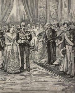Umberto I i Małgorzata Sabaudii na koncercie z okazji ich srebrnego ślubu, Palazzo del Quirinale, Rzym, Włochy, rycina według rysunku Dantego Paolocciego, z L