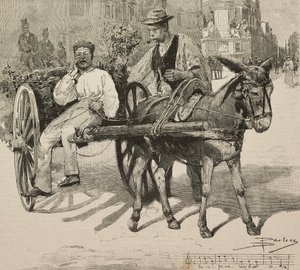 Sprzedawca wody (acquarolo), sprzedający wodę z fontanny Acetosa na ulicach Rzymu, Włochy, rycina według rysunku Dantego Paolocciego, z L