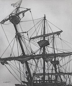 Upiorny galeon, 2017 (ołówek, tusz na papierze) autorstwa Darrell Windjack