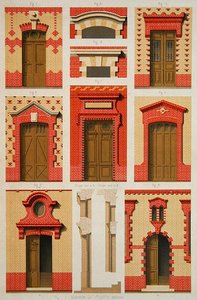 Projekty ryzalitów i frontonów z cegły, ilustracja z „La Brique Ordinaire” J. Lacroux, Editions Ducher autorstwa Daumont Daumont