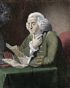Portret Benjamina Franklina (1706-1790), amerykańskiego filozofa, fizyka i ambasadora. Grawer wg obrazu Davida Martina. autorstwa David (after) Martin