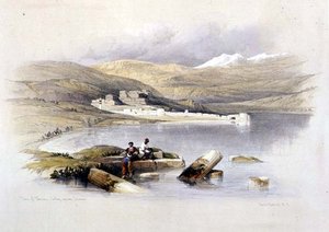 Miasto Tyberiady w kierunku Libanu, tablica 35 z tomu I "Ziemia Święta", rytowana przez Louisa Haghe (1806-85) wyd. 1842 (lito) autorstwa David (after) Roberts