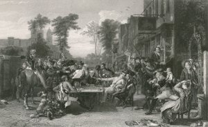 Emeryci z Chelsea czytają gazetę Bitwy pod Waterloo (rycina)
