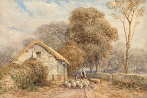 Podróżny na koniu, z pasterzem i jego owcami, przy stodole, na wiejskiej drodze autorstwa David Cox