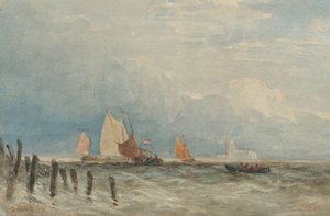 Holenderskie łodzie rybackie u wybrzeży, z Grote Kerk w Dordrechcie w oddali autorstwa David Cox