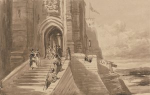 Postacie na zewnętrznych schodach zamku autorstwa David Cox