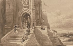 Postacie na zewnętrznych schodach zamku autorstwa David Cox
